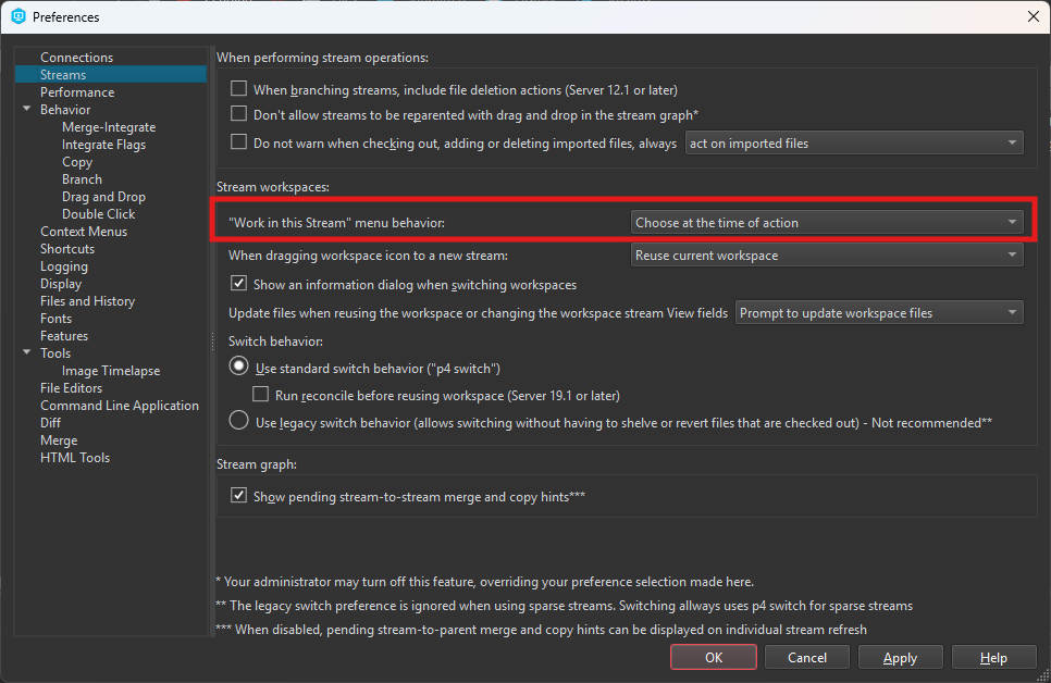 Figure 1: Work in stream menu behavior