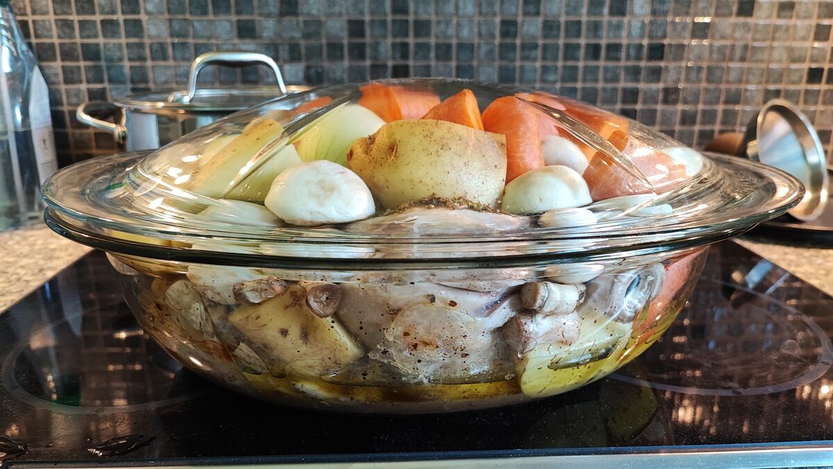 Half roasted, vegetables added